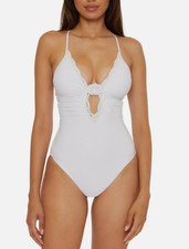 BECCA Colette Clare Crochet Flower Plunge One Piece Swimsuit, White, Large