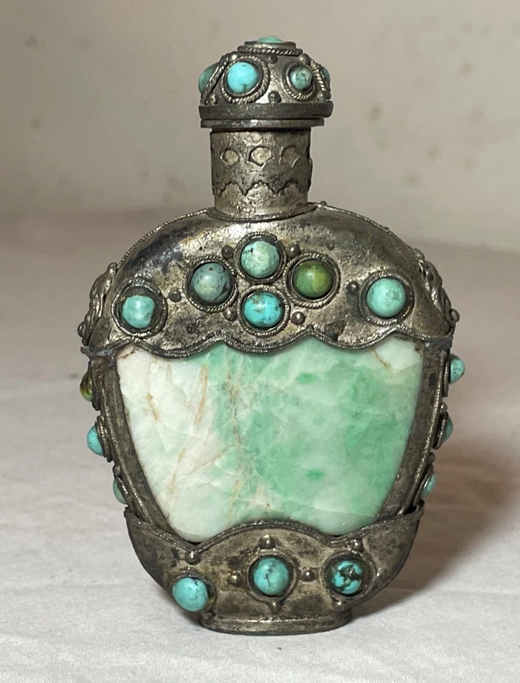 frasco antigo de bronze verde turquesa pedra de jade esculpido à mão chinês rapé - Imagem 2 de 4