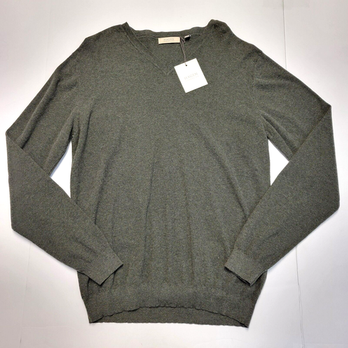 New Hagen Carmel Thin Knit V-Neck Sweater Men LARGE Olive Green Cotton Cashmere