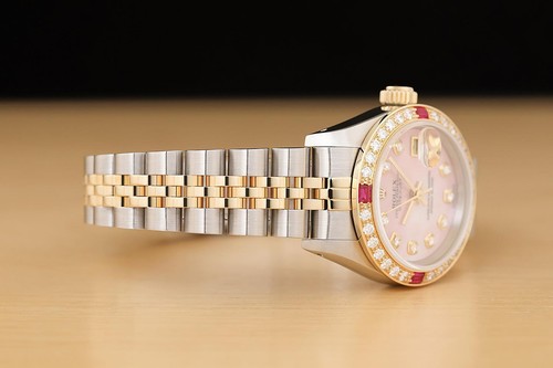 ROLEX LADIES DATEJUST 69173 PINK MOTHER OF PEARL 18K GOLD SS DIAMOND RUBY WATCH - Picture 7 of 8