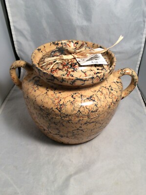 Reproduction Over and Back Yellow Ware Large Crock Pot, Bean Pot