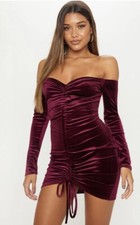 Pretty Little Thing Purple Velvet ruched off-shoulder bodycon dress Size 4