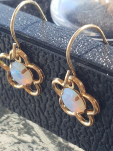 Opal kreierte Ohrhänger rund geschliffene Blume 10 kt massiv Gelbgold - Bild 3 von 12