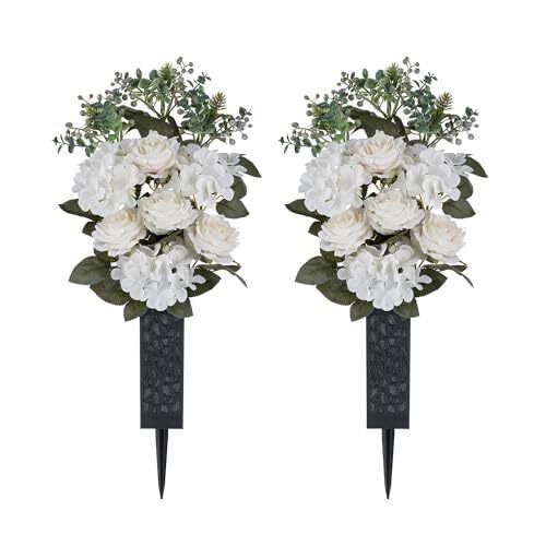 Flores de cementerio para decoraciones de tumbas: 2 piezas ramo de rosas artificiales blanco - Imagen 2 de 7