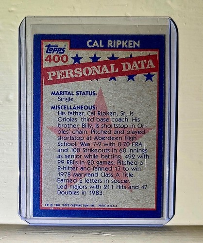 1984 Cal Ripken Topps Baseball All-Star Card #400 - Picture 6 of 8