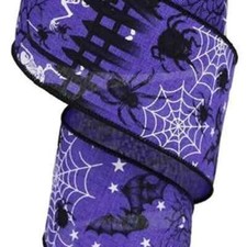 2.5"X10yd Purple Halloween On Royal Ribbon, Spiders, Skeletons, Halloween