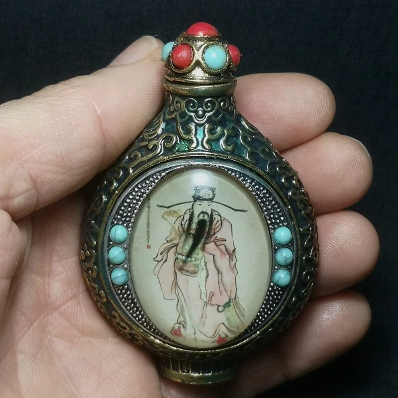 Incrustación de bronce chino de 3,2 pulgadas dios de la riqueza dios de la longevidad botellas de tabaco regalo Foto 3 de 4