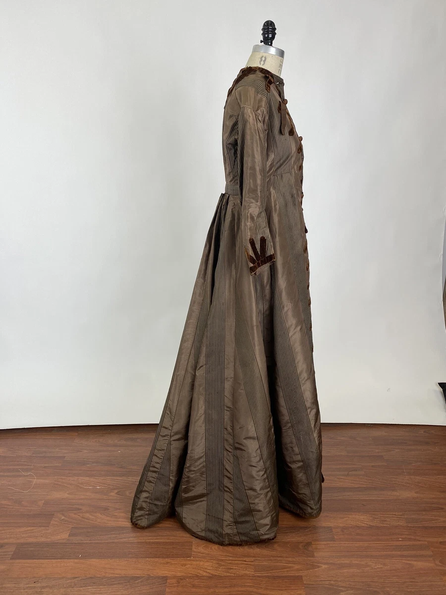 Antique 1860s Brown Striped Silk Long Coat Jacket With Velvet Trim
