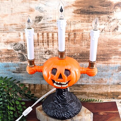 VTG Gemmy Halloween Pumpkin Candelabra Candle Holder Blow Mold Flickering Lights