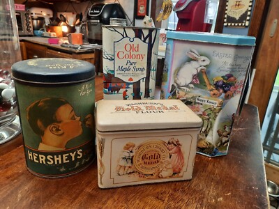 Collection vintage metal  tin Gold Medal Hershey Kisses Easter Syrup advertising