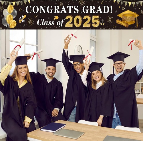 2025 Graduation Decorations Congrats Grad Class of 2025 Banner - Black and Gold - Picture 3 of 5