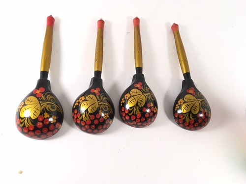 Vintage Khokhloma Hand Painted Russian Wooden Spoons Set Lot 4 Spoons - Picture 7 of 7