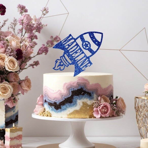 Rocket Glitter Cake Topper Outer Space Custom Name Age Colour Personalised  Astro