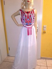 k06 NEU M 38 L 40 weiss ETHNO Fransen rot Muster maxi ärmellos Damen Kleid TOP 