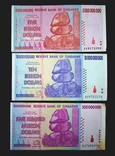 3 Zimbabwe banknotes-1 x 500 Million / 5 & 10 Billion dollars -paper currency