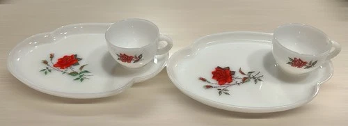 Set Of 2 Federal White Milk Glass ROSECREST Snack Sets Plate Cup Snacks