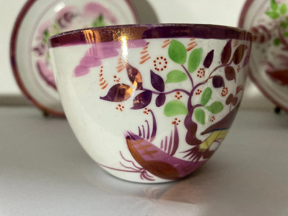 English copper lustre painted Peafowl bird porcelain cup and saucer 1810-1820 - image 3 of 4