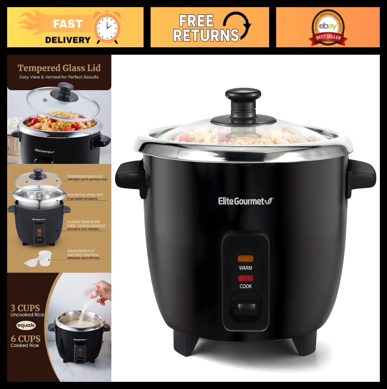 6-Cup Electric Rice Cooker with Stainless Steel Pot - Makes Soups, Stews & Grain
