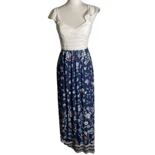 Trixxi Maxi Dress Womens Small White Blue Floral Bodice Crochet Spaghetti Strap