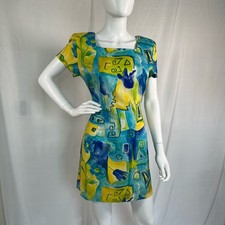 Vintage 90s Jessica Howard Yellow and Blue Abstract Mini Dress