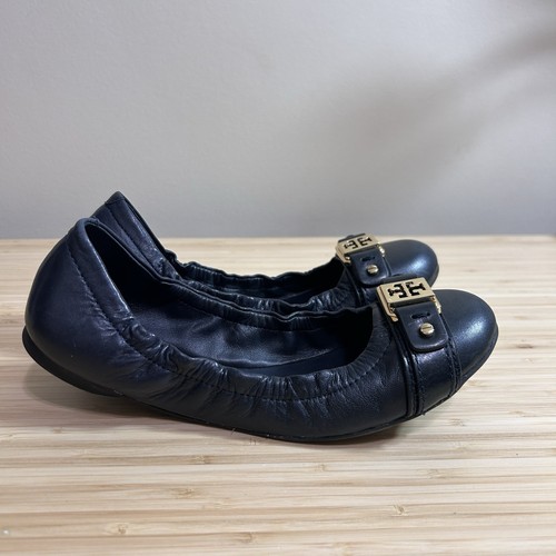 TORY BURCH Ambrose Ballet Flat Ballerina Blue Gold Logo Slip On Round Toe 6M - Picture 10 of 10