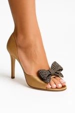 Valentino Garavani Crystal Bow Peep Toe Heels Gold Satin Size 37/7