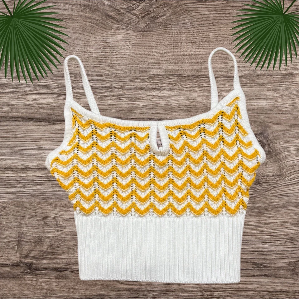 Camiseta corta BCBG Generation para mujer pequeña amarilla blanca boho chevron informal tejida sin mangas Foto 4 de 4