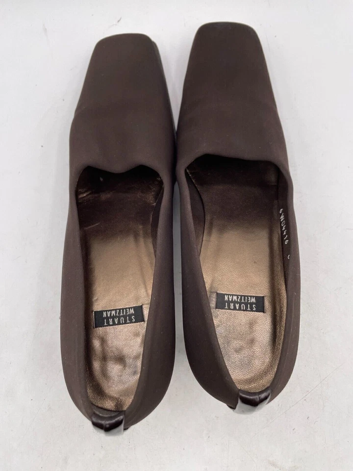 Tacón de salón Stuart Weitzman para mujer talla 8,5 M marrón nailon tacón bloque punta cuadrada Foto 4 de 4