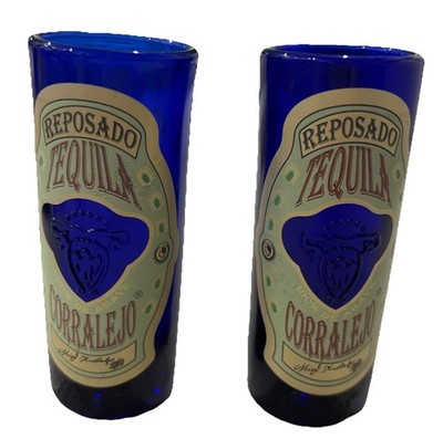 Tequila Corralejo Reposado Heavy Cobalt Blue 4.5'' Shot Glasses Embossed Set Of 2