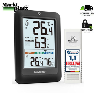 Thermometer Wetterstation Funk Schwarz Hygrometer Innen mit Außensensor 24/48
