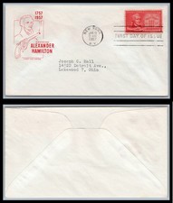 US FDC # 1086 3c Alexander Hamilton  HF Addressed S.Cancel 1957, 9Q3963