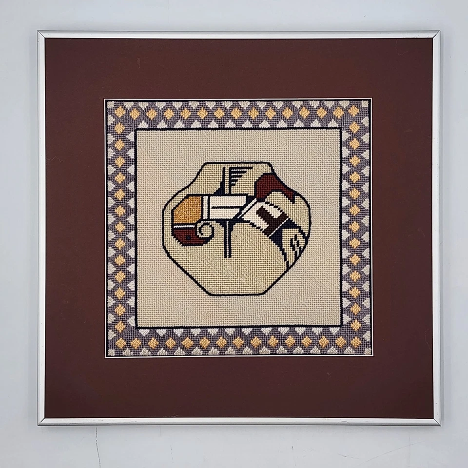 Vintage Framed Native American Zuni Style Pottery Cross Stitch Art Southwest 14" - Image 4 of 4