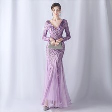 Elegant Long Sleeves Women Evening Dress V Neck Sequin Party Maxi Dress Gown