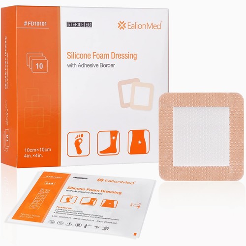 Silicone Foam Dressing with Gentle Adhesive Border 4''x4'', 10 Pack, Painless...