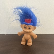 Vintage 1990s Russ Troll Doll Blue Hair Red Cap 3" Toy
