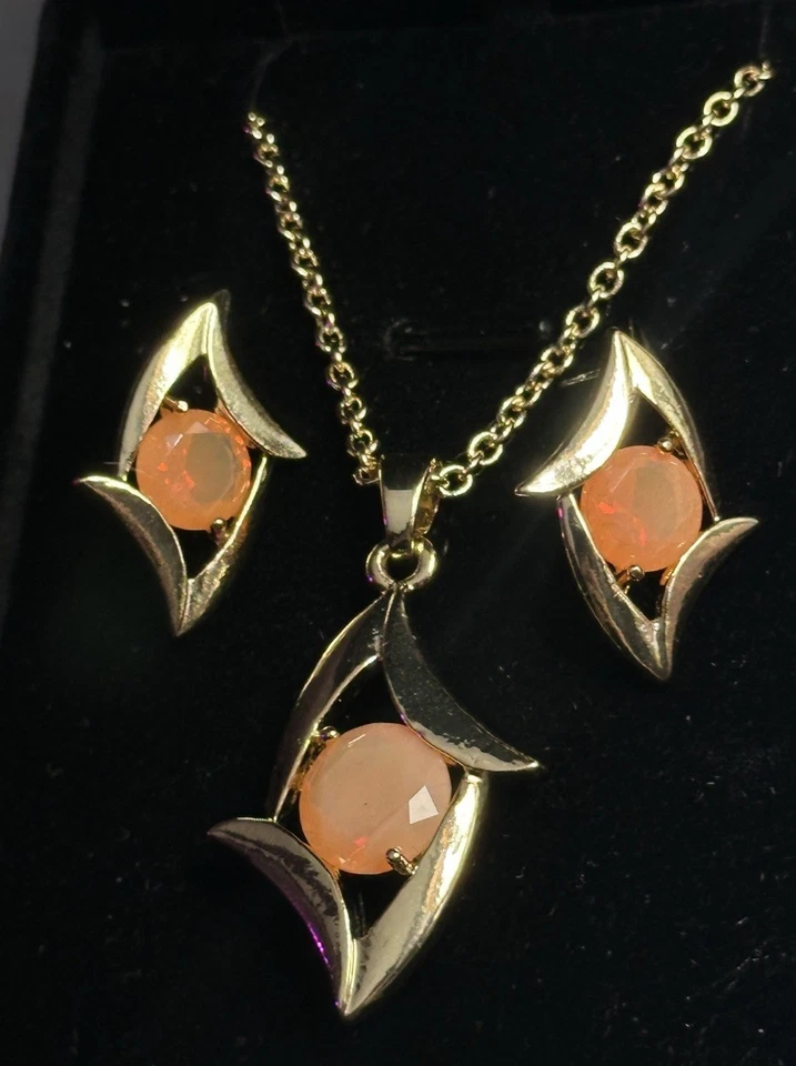 Винтажный огонь опал натуральный драгоценный камень ожерелье и серьги комплект 14K золото 18» новый - Изображение 2 из 4