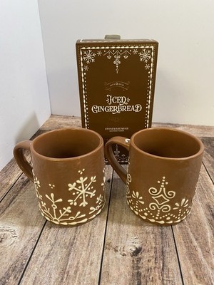 Pottery Barn Set of 2 Iced Gingerbread Brown Mugs 11oz Stoneware NIB Christmas
