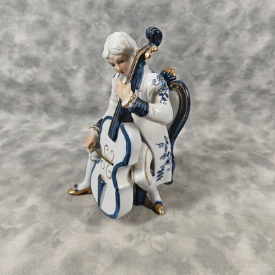 Vintage Porcelain Cellist Figurine Blue White Gold Seated Musician -Repair AS IS