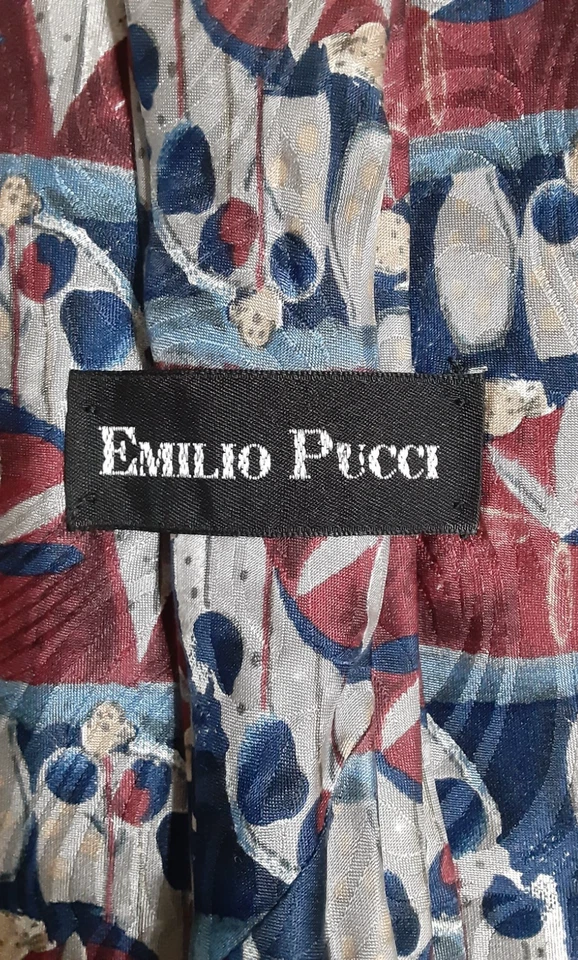 Corbata Emilio Pucci Abstracta Floral Roja, Azul y Tostada Foto 3 de 4