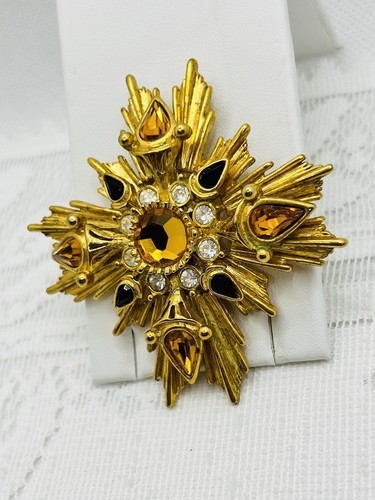 VTG Joan Rivers Maltese Cross Brooch Starburst Yellow Amber Gold Tone Signed - Picture 5 of 10