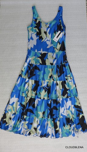 NWT NINE WEST Leaves Print Sleeveless Tiered Midi Dress Size 12 in Summer Sky - Picture 5 of 12