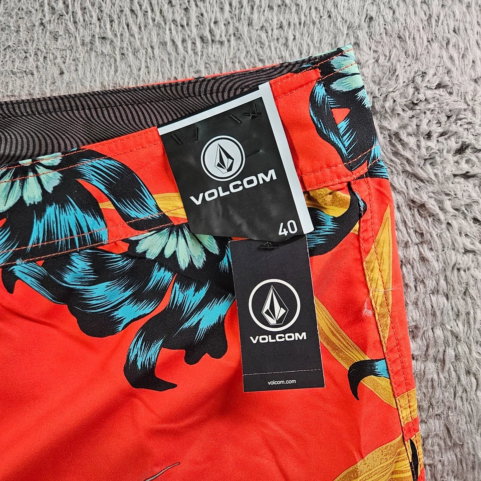 NWT Volcom Board Shorts Swim Trunks Men 40 No Liner Floral Print Orange Red - Image 2 of 4