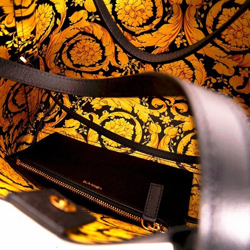 NEW $1,175 VERSACE Black Leather YELLOW BAROCCO FLORAL LINING Tote VIRTUS V BAG - Picture 16 of 22