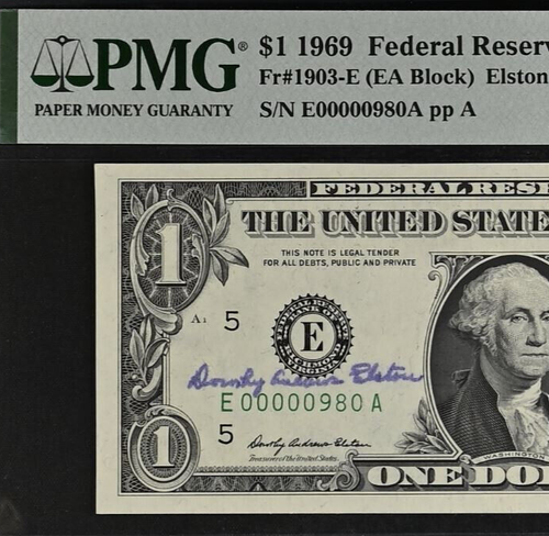 1969 $1 FRN PMG 64EPQ - Treasurer Eleston Autograph Birthday Low Serial 00000980