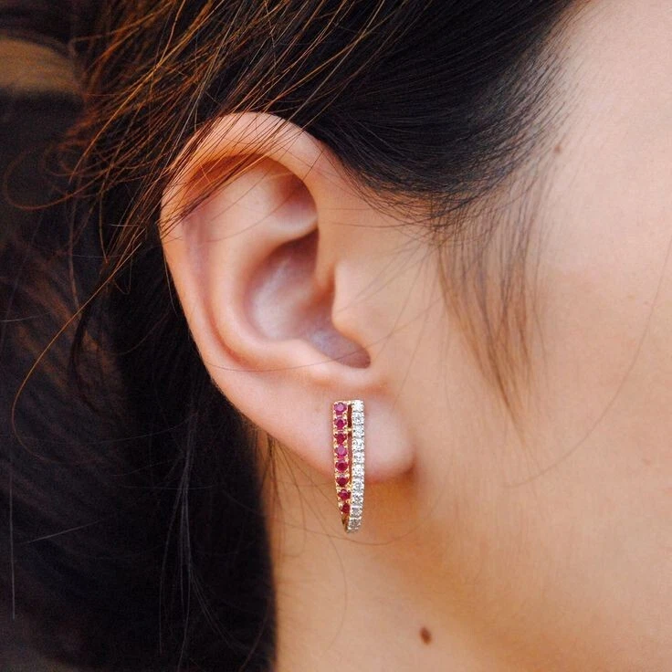 Simulated Ruby & Moissanite Wedding Unique Stud Earrings In Pure 10K Yellow Gold - Image 3 of 4