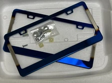 License Plate Frame Tag Cover Frame Blue Color Steel Metal 2PCS With Screw Caps