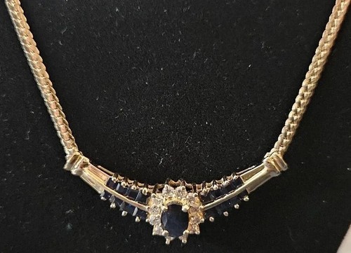 14k Yellow Gold 18" Natural Dark Blue Sapphires Diamonds; Solid Pendant Necklace - Picture 3 of 15