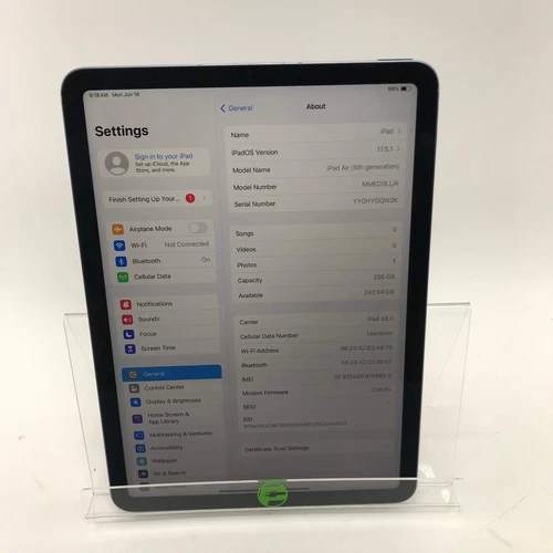 Unlocked Apple iPad Air 5th Gen 256GB 17.5.1 Purple MMED3LL/A