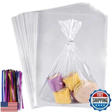 100Pcs Cellophane Bags 12"x16" Clear Plastic Bags with 100Pcs Twist Ties for 
