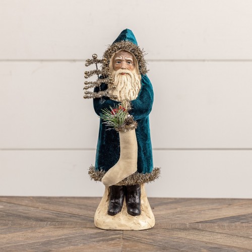 Belsnickle Weihnachtsmann Figur mit Strumpf, dunkelblauer Samtmantel, 12" Ragon House Neu mit Etikett